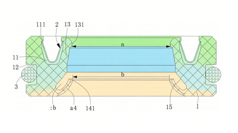 一種HA型彈簧組合油封結(jié)構(gòu)圖1圖1（剖視圖）：展示油封本體、V型彈簧、O型圈的軸向分布，主唇口（131）與副唇口（141）的梯度位置關(guān)系。