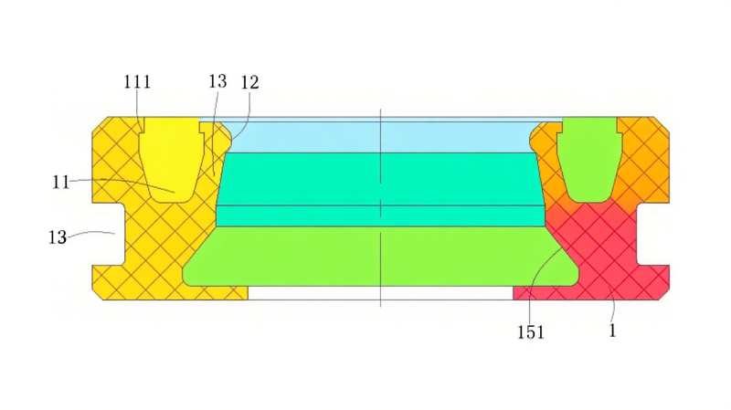 一種HA型彈簧組合油封結(jié)構(gòu)圖3圖3（車制剖視圖）：呈現(xiàn)增壓槽斜面（151）與副油封臂（14）的彎曲角度，驗證“向外傾斜-向內(nèi)彎曲”的獨特結(jié)構(gòu)。