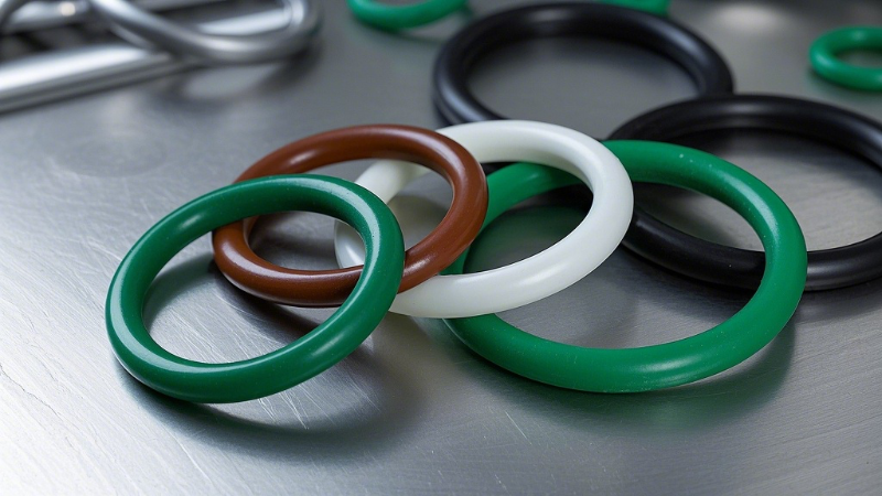 綠色的棕色的白色的黑色的O型密封圈，比例 「16_9」，背景為不銹鋼桌面