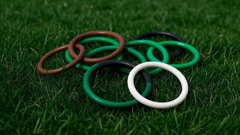 1綠色的棕色的白色的黑色的O型密封圈，比例 16_9__，背景為草地